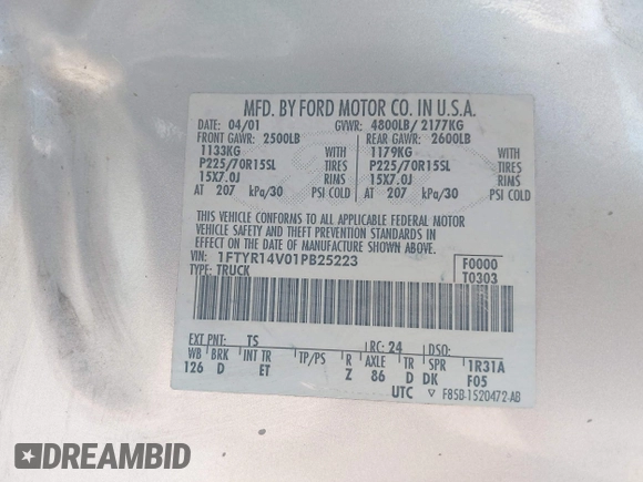 2001 Ford Ranger XL with VIN 1FTYR14V01PB25223, listed as a IAAI auction lot 42181220 with 208,394 mi miles and . Bid and sale history available at DreamBid. Image 9.
