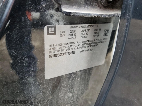 2017 Chevrolet Volt LT with VIN 1G1RC6S53HU102626, listed as a Copart auction lot 51262365 with 123,529 mi miles and Salvage Title. Bid and sale history available at carsss.com. Image 12.