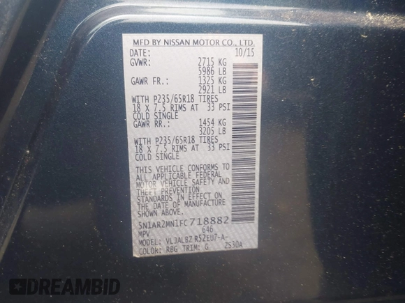 2015 Nissan Pathfinder S with VIN 5N1AR2MN1FC718882, listed as a IAAI auction lot 42545874 with 157,198 mi miles and . Bid and sale history available at DreamBid. Image 9.