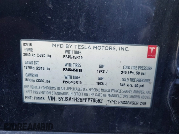 2015 Tesla Model S 85D with VIN 5YJSA1H25FFP70562, listed as a IAAI auction lot 41787957 with 177,688 mi miles. Bid and sale history available at carsss.com. Image 9.