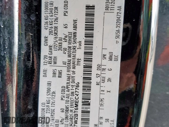 2021 Ford F-250 XL with VIN 1FT7W2BT6MEC47760, listed as a Copart auction lot 61908225 with 111,015 mi miles and Salvage title. Bid and sale history available at DreamBid. Image 12.