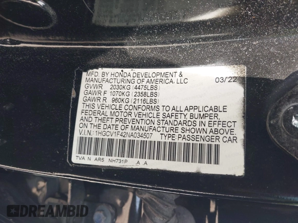 2022 Honda Accord Sport SE with VIN 1HGCV1F42NA034507, listed as a IAAI auction lot 42146558 with 35,673 mi miles and . Bid and sale history available at DreamBid. Image 9.