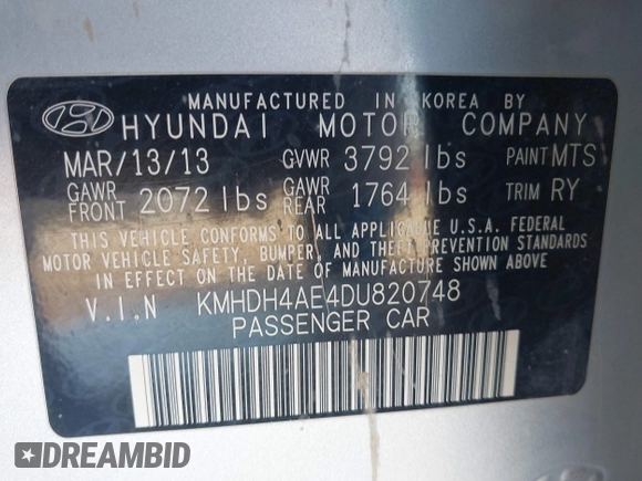 2013 Hyundai Elantra GLS with VIN KMHDH4AE4DU820748, listed as a IAAI auction lot 42398661 with 233,670 mi miles and . Bid and sale history available at DreamBid. Image 9.