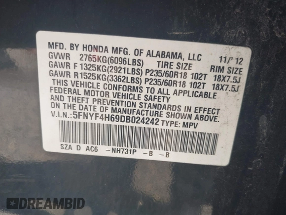 2013 Honda Pilot EX-L with VIN 5FNYF4H69DB024242, listed as a IAAI auction lot 42561279 with 205,611 mi miles and . Bid and sale history available at DreamBid. Image 9.