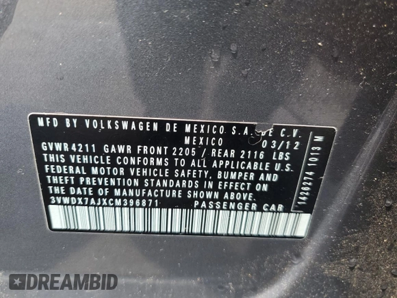 2012 Volkswagen Jetta SE z VIN 3VWDX7AJXCM396871, wystawiony jako Copart lot #57594565 z przebiegiem 45 604 mil mil oraz Szkoda całkowita • Salvage title. Historia ofert i sprzedaży dostępna na DreamBid. Obrazek 12.