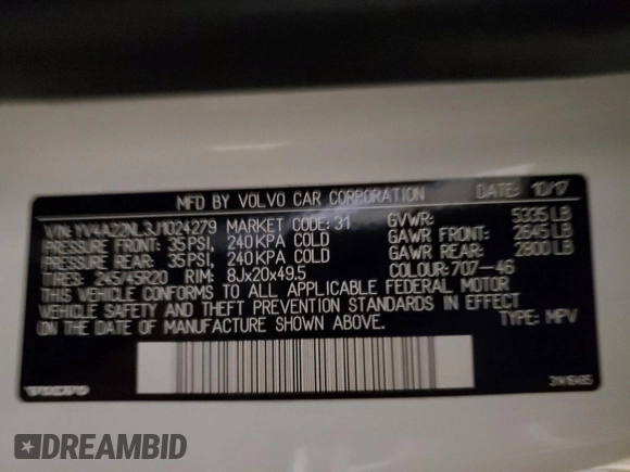 2018 Volvo V90 with VIN YV4A22NL3J1024279, listed as a Copart auction lot 41857145 with 62,488 mi miles and Salvage title. Bid and sale history available at DreamBid. Image 15.