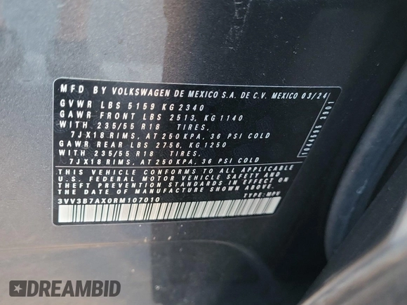 2024 Volkswagen Tiguan SE с VIN 3VV3B7AX0RM107010, выставлен на аукционе IAAI как лот 42889810 с пробегом 22 903 миль миль и . История ставок и продаж доступна на DreamBid. Изображение 46.