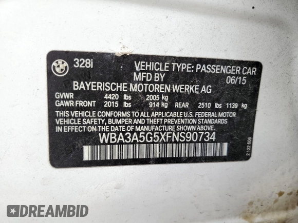 2015 BMW 3 Series 328i with VIN WBA3A5G5XFNS90734, listed as a Copart auction lot 65254575 with 116,664 mi miles and Salvage title. Bid and sale history available at DreamBid. Image 12.