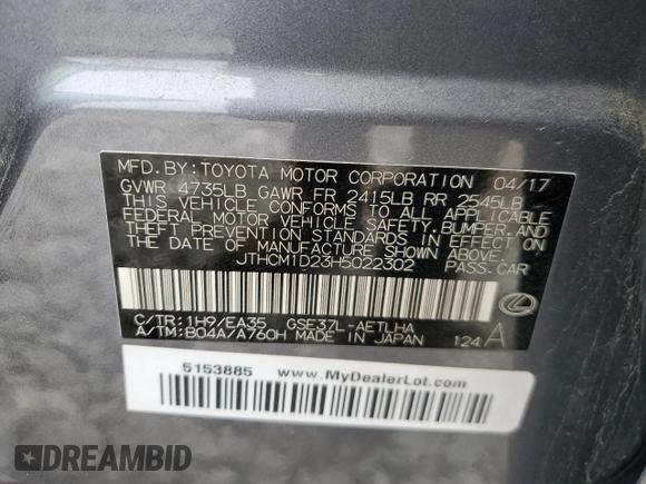 2017 Lexus IS 300 with VIN JTHCM1D23H5022302, listed as a Copart auction lot 55098775 with 75,754 mi miles and Salvage title. Bid and sale history available at DreamBid. Image 12.