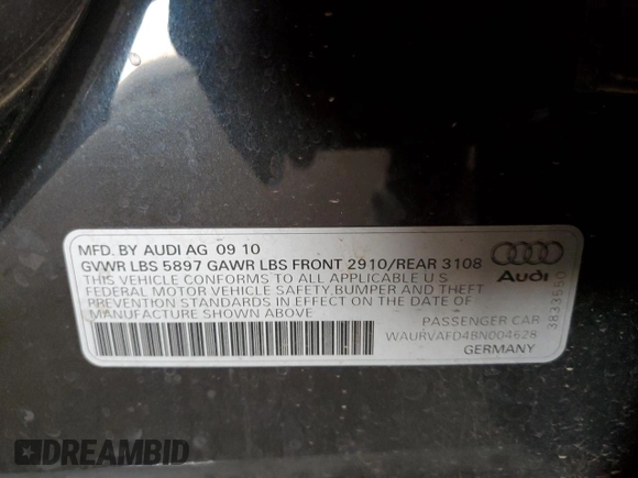 2011 Audi A8 with VIN WAURVAFD4BN004628, listed as a Copart auction lot 52244125 with 182,631 mi miles and Clean title. Bid and sale history available at DreamBid. Image 12.