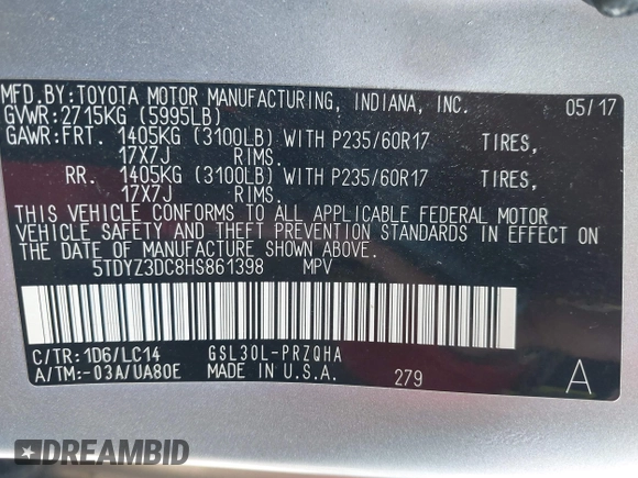 2017 Toyota Sienna XLE Auto Access Seat with VIN 5TDYZ3DC8HS861398, listed as a IAAI auction lot 42883110 with 110,702 mi miles and . Bid and sale history available at DreamBid. Image 9.