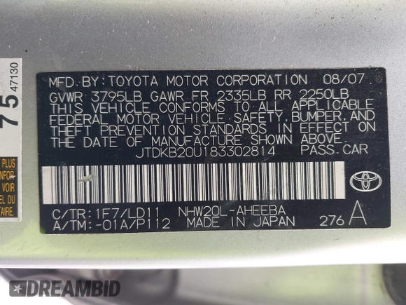2008 Toyota Prius with VIN JTDKB20U183302814, listed as a IAAI auction lot 42666792 with 147,079 mi miles and . Bid and sale history available at DreamBid. Image 9.