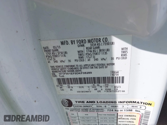 2013 Ford F-150 XL with VIN 1FTFW1EF5DKF08289, listed as a IAAI auction lot 42150706 with 169,459 mi miles and . Bid and sale history available at DreamBid. Image 9.