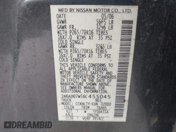 2006 Nissan Frontier LE с VIN 1N6AD07W56C455045, выставлен на аукционе IAAI как лот 42536155 с пробегом 124 716 миль миль и . История ставок и продаж доступна на DreamBid. Изображение 9.
