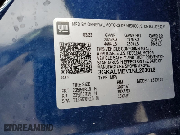 2022 GMC Terrain SLE with VIN 3GKALMEV1NL203016, listed as a Copart auction lot 57675265 with 57,471 mi miles and Salvage title. Bid and sale history available at DreamBid. Image 13.