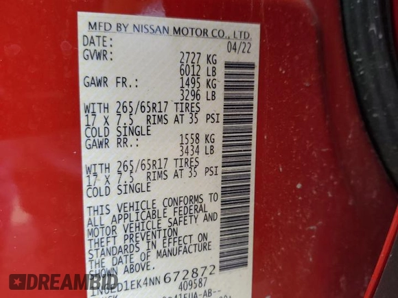 2022 Nissan Frontier Pro-4X z VIN 1N6ED1EK4NN672872, wystawiony jako Copart lot #42941345 z przebiegiem 17 044 mil mil oraz Szkoda całkowita • Salvage title. Historia ofert i sprzedaży dostępna na DreamBid. Obrazek 12.