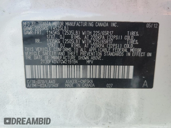 2012 Toyota RAV4 Limited с VIN 2T3DF4DV7CW219194, выставлен на аукционе Copart как лот 64511545 с пробегом 198 027 миль миль и Чистый • Clean title. История ставок и продаж доступна на DreamBid. Изображение 12.