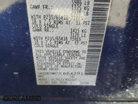 2018 Nissan Pathfinder Platinum with VIN 5N1DR2MM7JC664291, listed as a Copart auction lot 46748475 with 142,708 mi miles and Salvage title. Bid and sale history available at DreamBid. Image 15.