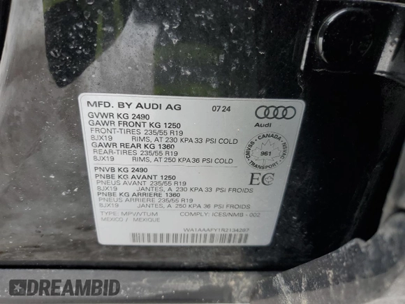 2024 Audi Q5 Komfort with VIN WA1AAAFY1R2134287, listed as a Copart auction lot 45710475 with 5,538 mi miles and Salvage Title. Bid and sale history available at carsss.com. Image 13.