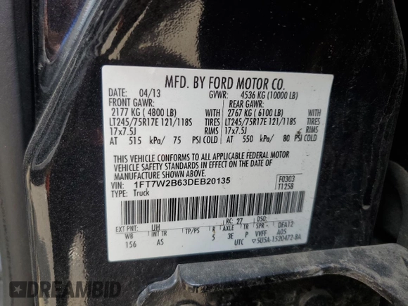 2013 Ford F-250 XL with VIN 1FT7W2B63DEB20135, listed as a Copart auction lot 59576445 with 263,245 mi miles and Salvage title. Bid and sale history available at DreamBid. Image 12.