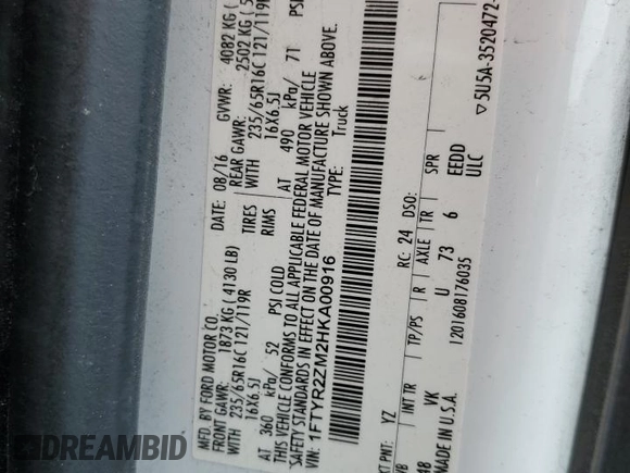 2017 Ford Transit Cargo with VIN 1FTYR2ZM2HKA00916, listed as a Copart auction lot 63469325 with 185,274 mi miles and Clean title. Bid and sale history available at DreamBid. Image 12.
