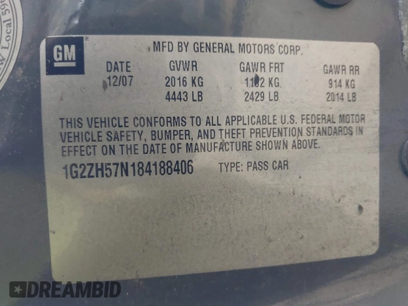 2008 Pontiac G6 GT with VIN 1G2ZH57N184188406, listed as a IAAI auction lot 42771190 with 195,918 mi miles and . Bid and sale history available at DreamBid. Image 9.