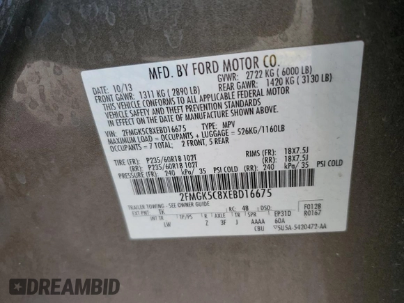 2014 Ford Flex SEL z VIN 2FMGK5C8XEBD16675, wystawiony jako Copart lot #51834785 z przebiegiem 144 825 mil mil oraz Szkody całkowita. Historia ofert i sprzedaży dostępna na DreamBid. Obrazek 15.