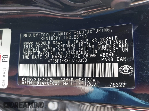2014 Toyota Camry L with VIN 4T1BF1FK8EU730353, listed as a IAAI auction lot 41570761 with 154,900 mi miles. Bid and sale history available at carsss.com. Image 9.