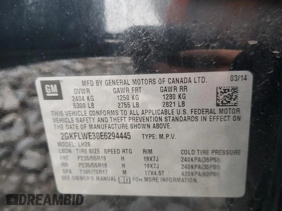 2014 GMC Terrain SLE with VIN 2GKFLWE30E6294445, listed as a Copart auction lot 82975954 with 185,388 mi miles and Salvage Title. Bid and sale history available at carsss.com. Image 13.