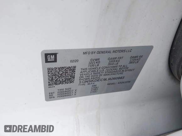 2020 Chevrolet Tahoe Commercial z VIN 1GNSKDEC9LR260983, wystawiony jako IAAI lot #42062097 z przebiegiem 124 911 mil mil oraz . Historia ofert i sprzedaży dostępna na DreamBid. Obrazek 9.