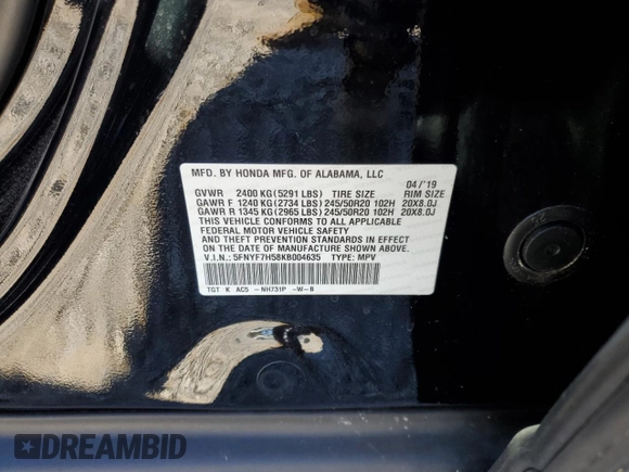 2019 Honda Passport EX-L with VIN 5FNYF7H58KB004635, listed as a Copart auction lot 87083684 with 61,022 mi miles and Salvage Title. Bid and sale history available at carsss.com. Image 15.