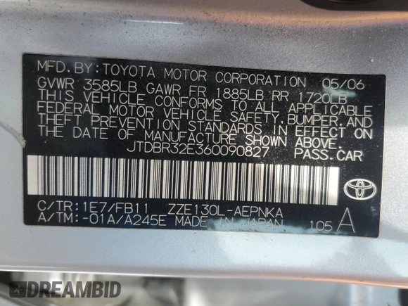 2006 Toyota Corolla CE with VIN JTDBR32E360090827, listed as a Copart auction lot 54718515 with 116,672 mi miles and Clean Title. Bid and sale history available at DreamBid. Image 12.