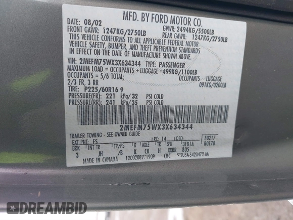 2003 Mercury Grand Marquis LS Premium with VIN 2MEFM75WX3X634344, listed as a IAAI auction lot 41888397 with 129,651 mi miles and . Bid and sale history available at DreamBid. Image 9.