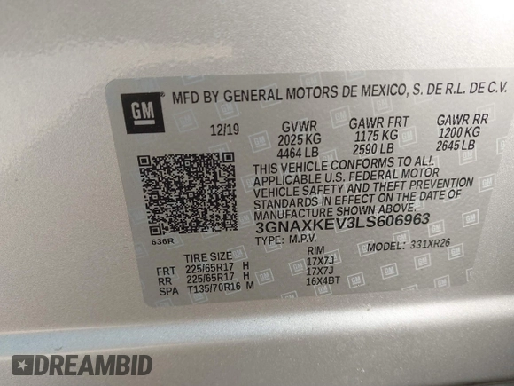 2020 Chevrolet Equinox LT with VIN 3GNAXKEV3LS606963, listed as a IAAI auction lot 41611757 with 72,535 mi miles and . Bid and sale history available at carsss.com. Image 9.