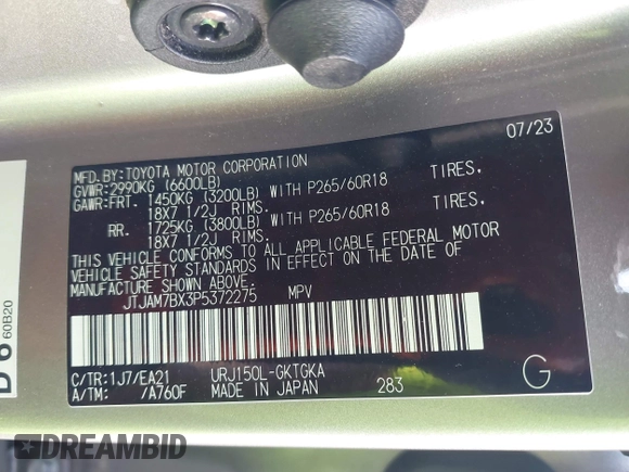 2023 Lexus GX 460 Premium with VIN JTJAM7BX3P5372275, listed as a IAAI auction lot 42043457 with 31,735 mi miles and . Bid and sale history available at DreamBid. Image 9.