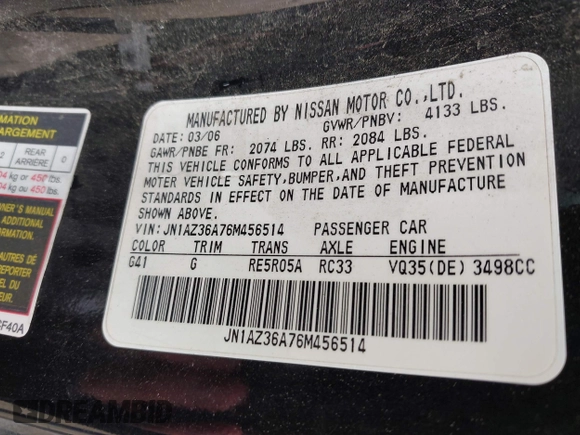 2006 Nissan 350Z Touring z VIN JN1AZ36A76M456514, wystawiony jako IAAI lot #42266616 z przebiegiem 129 729 mil mil oraz . Historia ofert i sprzedaży dostępna na DreamBid. Obrazek 9.
