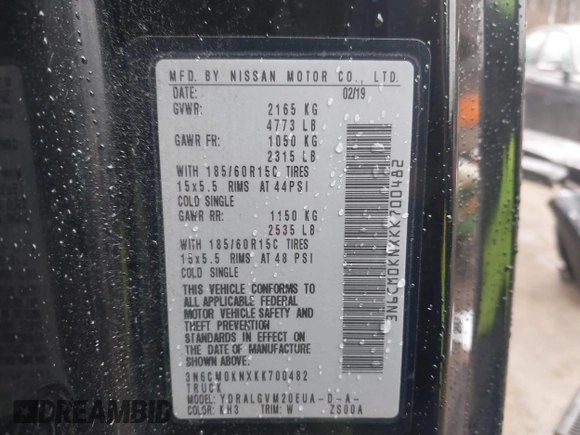 2019 Nissan NV200 SV with VIN 3N6CM0KNXKK700482, listed as a IAAI auction lot 41688027 with 123,547 mi miles and . Bid and sale history available at DreamBid. Image 9.