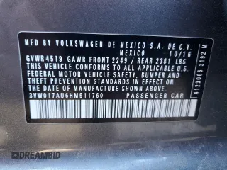 2017 Volkswagen Golf SportWagen S with VIN 3VW017AU6HM511760, listed as a Copart auction lot 88000015 with 153,035 mi miles and Salvage Title. Bid and sale history available at carsss.com. Image 12.