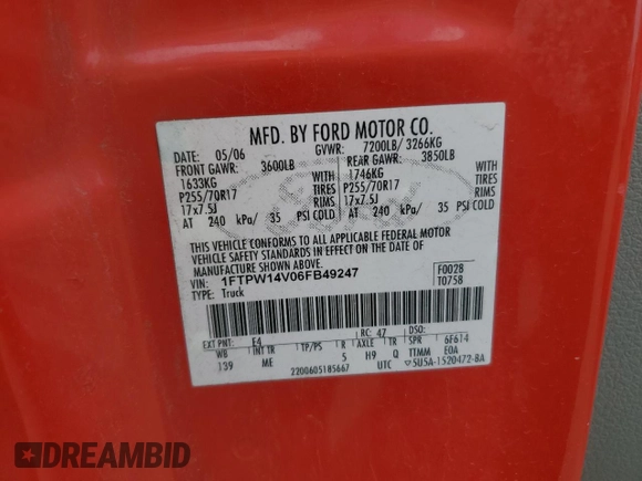 2006 Ford F-150 XLT с VIN 1FTPW14V06FB49247, выставлен на аукционе Copart как лот 60796645 с пробегом 160 394 миль миль и Списание • Salvage title. История ставок и продаж доступна на DreamBid. Изображение 13.