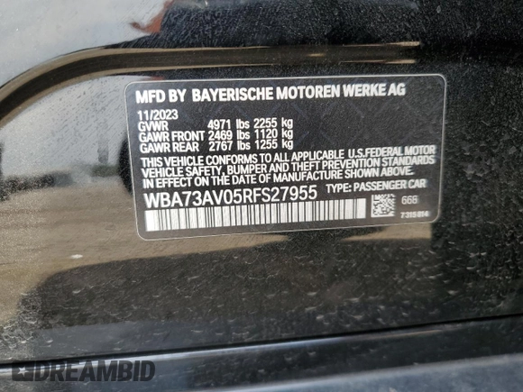 2024 BMW 4 Series 430i xDrive with VIN WBA73AV05RFS27955, listed as a Copart auction lot 59596415 with Not provided miles and Salvage title. Bid and sale history available at DreamBid. Image 13.