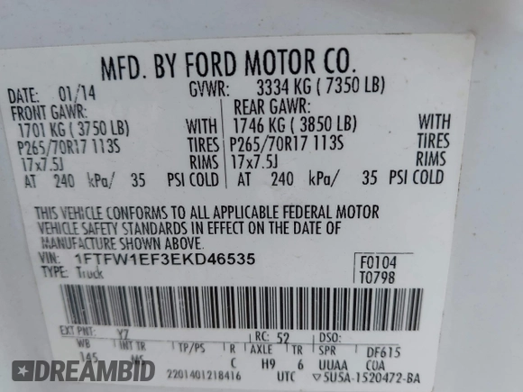 2014 Ford F-150 XL with VIN 1FTFW1EF3EKD46535, listed as a IAAI auction lot 42355196 with 335,957 mi miles and . Bid and sale history available at DreamBid. Image 9.