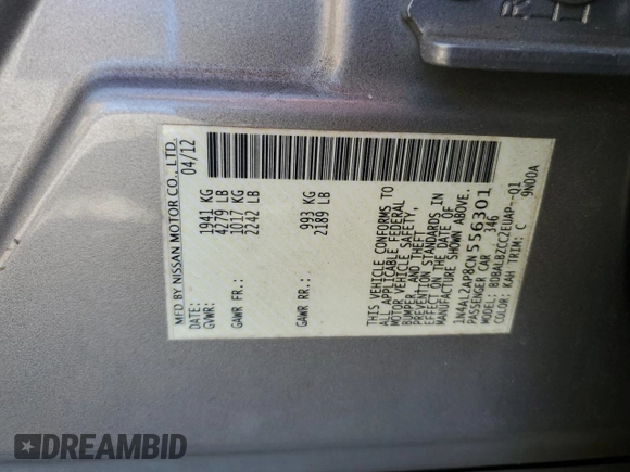 2012 Nissan Altima 2.5 S with VIN 1N4AL2AP8CN556301, listed as a Copart auction lot 52778395 with 116,424 mi miles and Salvage Title. Bid and sale history available at carsss.com. Image 14.