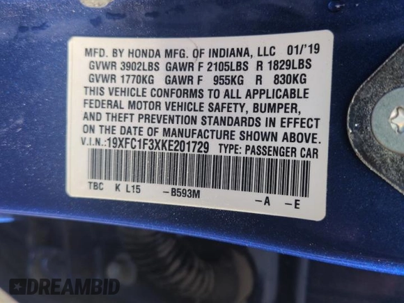 2019 Honda Civic Sedan EX with VIN 19XFC1F3XKE201729, listed as a Copart auction lot 50919485 with 63,530 mi miles and Salvage Title. Bid and sale history available at carsss.com. Image 12.