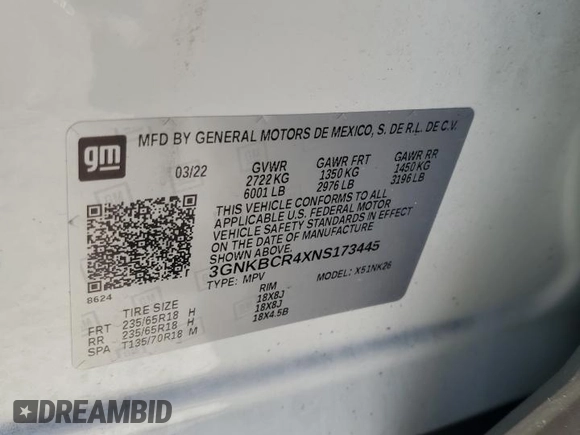 2022 Chevrolet Blazer LT with VIN 3GNKBCR4XNS173445, listed as a Copart auction lot 62848345 with 42,805 mi miles and Non repairable. Bid and sale history available at DreamBid. Image 14.