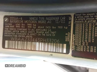 2003 BMW 3 Series 325i with VIN WBAAZ33443PH33206, listed as a IAAI auction lot 42792697 with 125,837 mi miles and . Bid and sale history available at DreamBid. Image 9.
