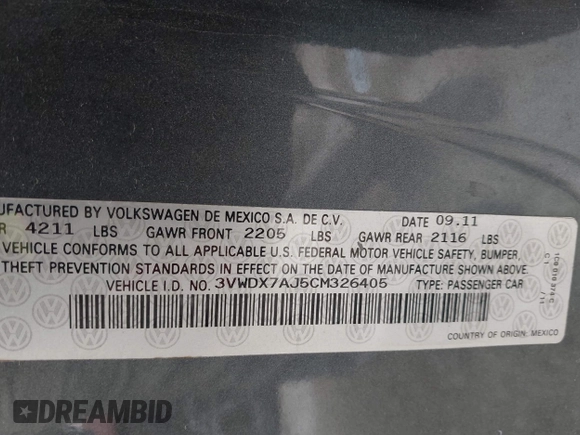 2012 Volkswagen Jetta SE with VIN 3VWDX7AJ5CM326405, listed as a IAAI auction lot 42135484 with 187,268 mi miles and . Bid and sale history available at DreamBid. Image 9.