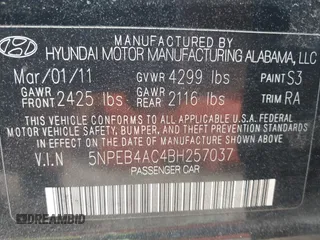 2011 Hyundai Sonata GLS with VIN 5NPEB4AC4BH257037, listed as a IAAI auction lot 42113521 with 250,929 mi miles and . Bid and sale history available at carsss.com. Image 9.