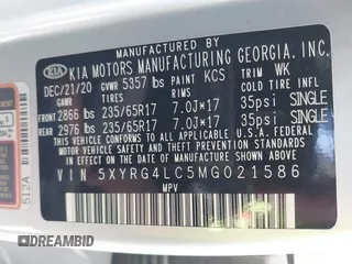 2021 Kia Sorento LX z VIN 5XYRG4LC5MG021586, wystawiony jako IAAI lot #42000187 z przebiegiem 81 046 mil mil oraz . Historia ofert i sprzedaży dostępna na DreamBid. Obrazek 9.