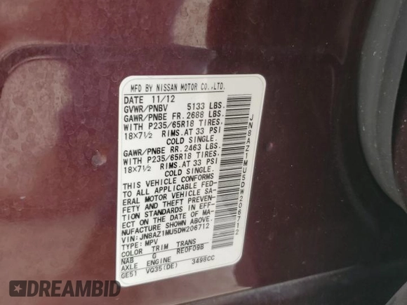 2013 Nissan Murano S with VIN JN8AZ1MU5DW206712, listed as a Copart auction lot 86338434 with 118,819 mi miles and Clean Title. Bid and sale history available at carsss.com. Image 13.