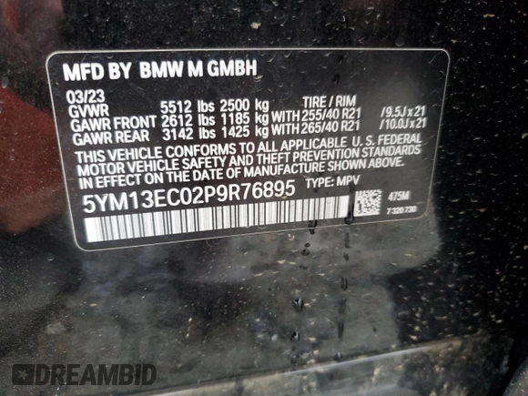 2023 BMW X3 M with VIN 5YM13EC02P9R76895, listed as a Copart auction lot 84182294 with 17,257 mi miles and Salvage title. Bid and sale history available at DreamBid. Image 13.